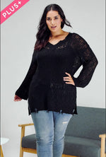 Black Plus V-Neck Long Sleeve Loose Sweater Top
