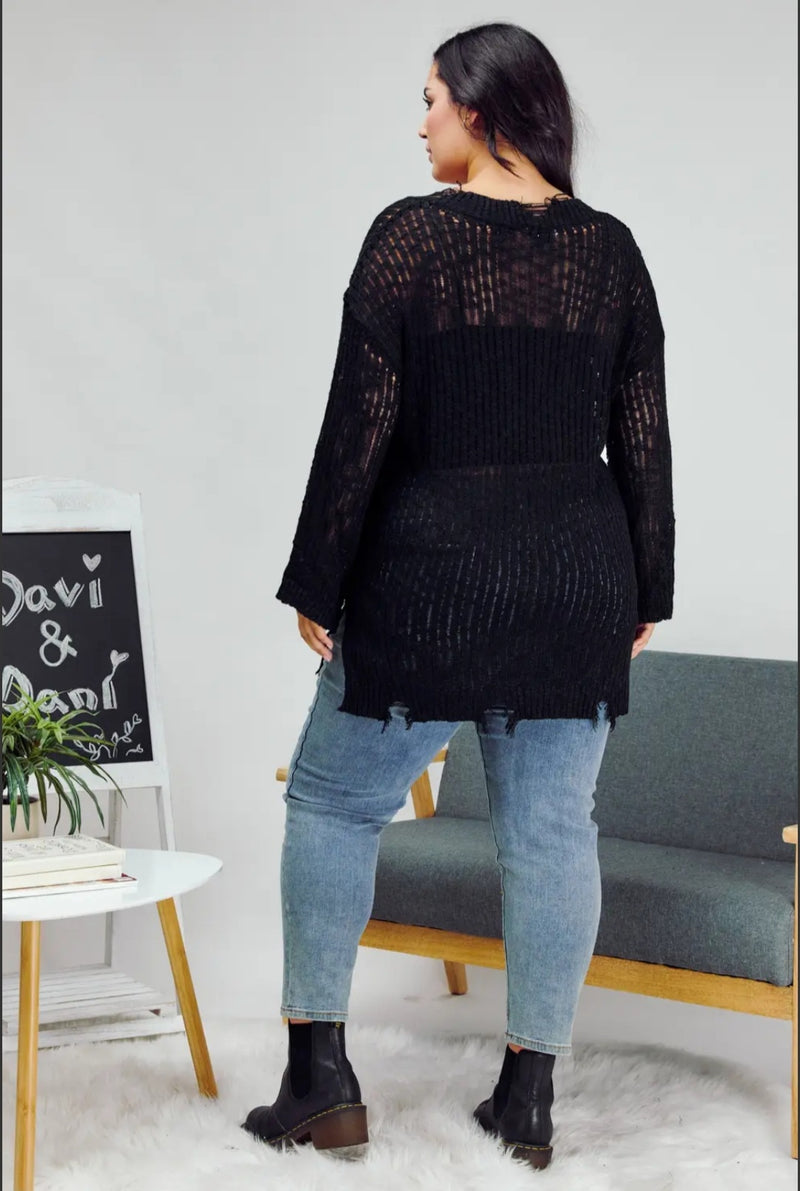 Black Plus V-Neck Long Sleeve Loose Sweater Top